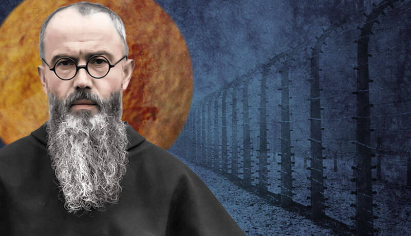 Św. Maksymilian Maria Kolbe na tle obozu Auschwitz
