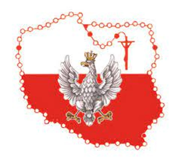 Różaniec otaczający kontur Polski z godłem państwowym